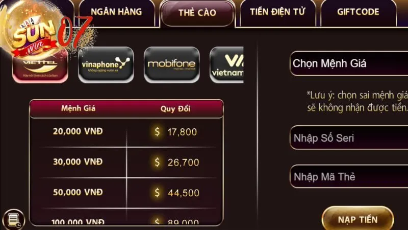 Lưu ý khi nạp tiền Sunwin